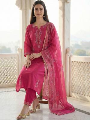 Women Ethnic Motifs Embroidered Regular Thread Work Kurta with Trousers & With Dupatta 5