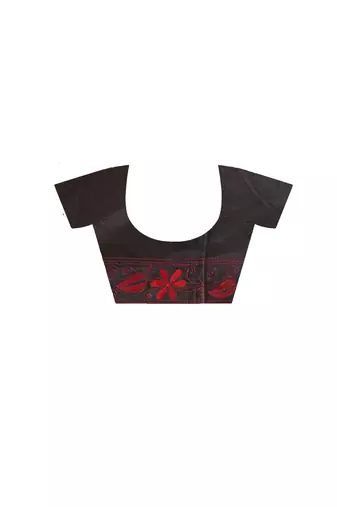 black silk blend stitch saree with red hand-embroidered floral pallu