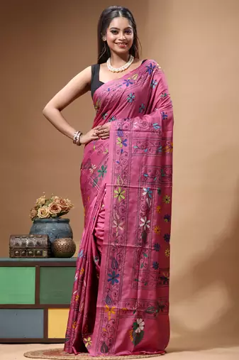 pink silk blend stitch saree with multicolor hand-embroidered floral pallu