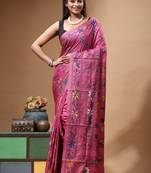 pink silk blend stitch saree with multicolor hand-embroidered floral pallu
