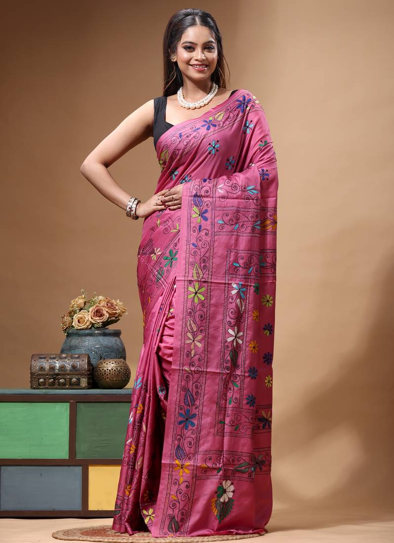 pink silk blend stitch saree with multicolor hand-embroidered floral pallu