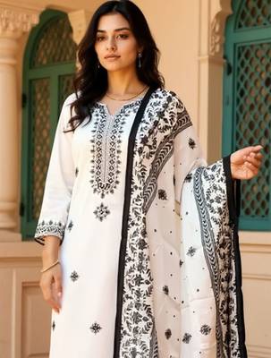 Women Embroidered Sequinned Pure Cotton Kurta with Trousers & Dupatta Kurta Sets 2