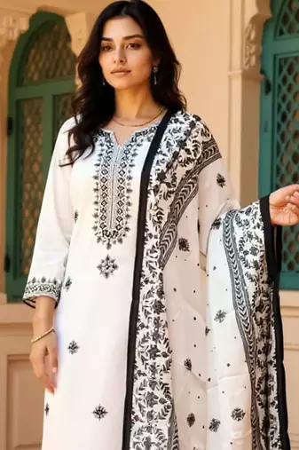 Women Embroidered Sequinned Pure Cotton Kurta with Trousers & Dupatta Kurta Sets