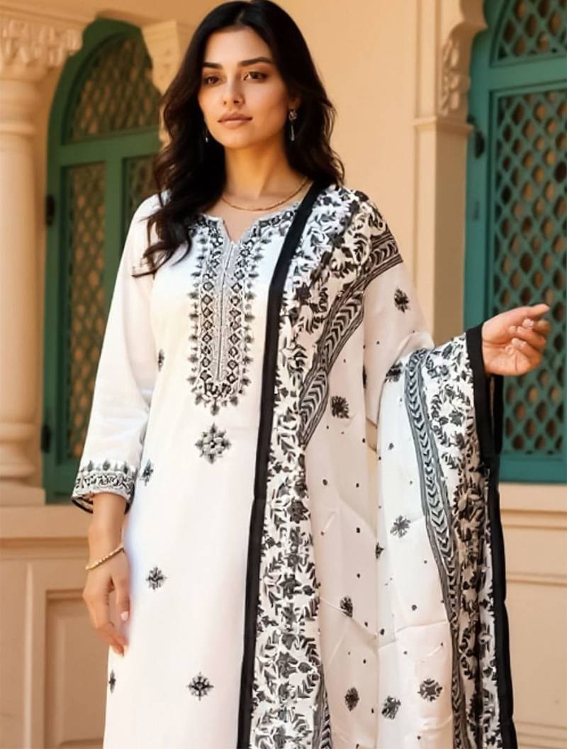 Women Embroidered Sequinned Pure Cotton Kurta with Trousers & Dupatta Kurta Sets