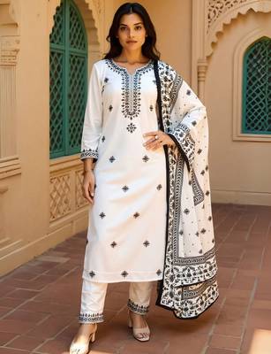 Women Embroidered Sequinned Pure Cotton Kurta with Trousers & Dupatta Kurta Sets 1