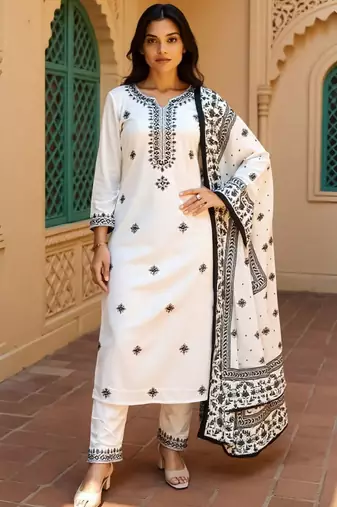Women Embroidered Sequinned Pure Cotton Kurta with Trousers & Dupatta Kurta Sets