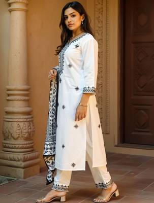 Women Embroidered Sequinned Pure Cotton Kurta with Trousers & Dupatta Kurta Sets 4