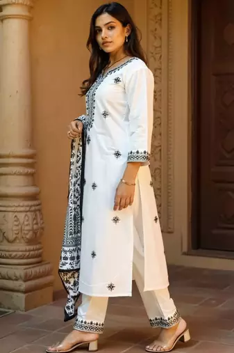 Women Embroidered Sequinned Pure Cotton Kurta with Trousers & Dupatta Kurta Sets