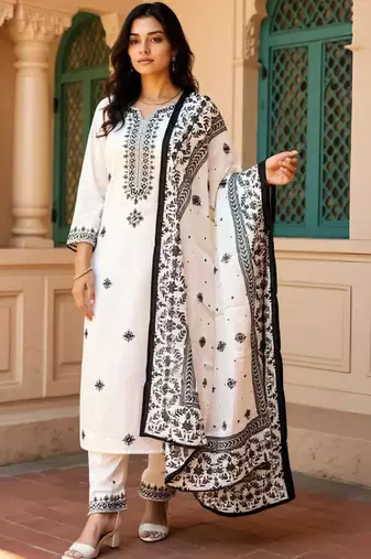 Women Embroidered Sequinned Pure Cotton Kurta with Trousers & Dupatta Kurta Sets