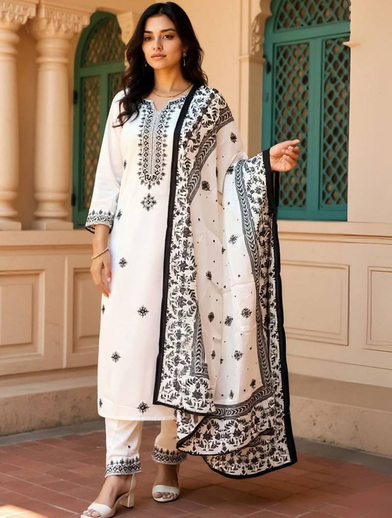 Women Embroidered Sequinned Pure Cotton Kurta with Trousers & Dupatta Kurta Sets