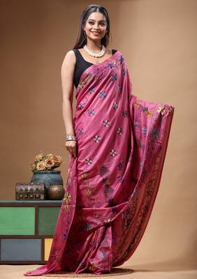 pink silk blend stitch saree with multicolor hand-embroidered floral pallu 2
