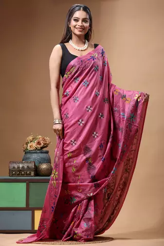 pink silk blend stitch saree with multicolor hand-embroidered floral pallu