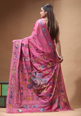 pink silk blend stitch saree with multicolor hand-embroidered floral pallu 3