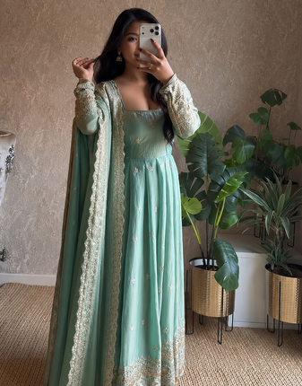 sea green color sequin embroidery silk blend gown set