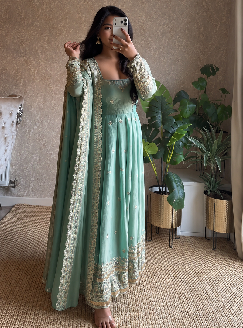 sea green color sequin embroidery silk blend gown set