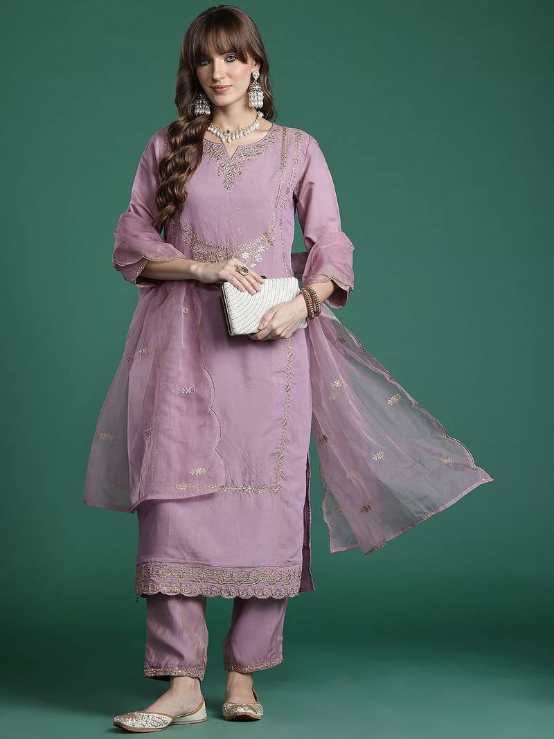 Embroidered Gotta Patti Kurta with Trousers & Dupatta