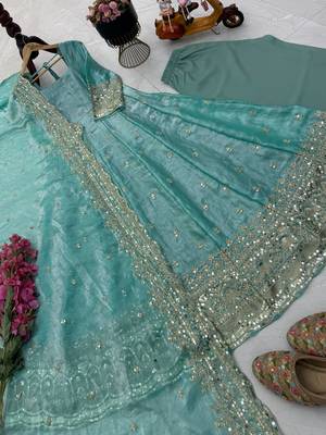 sea green color sequin embroidery silk blend gown set 2