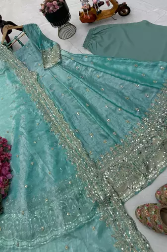 sea green color sequin embroidery silk blend gown set