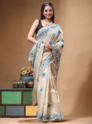 off-white cotton blend saree with blue floral embroidered stitched saree 2