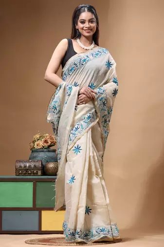 off-white cotton blend saree with blue floral embroidered stitched saree