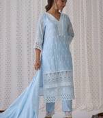 Ethnic Embroidered V-Neck Thread Work Pure Cotton Kurta with Trousers & Dupatta