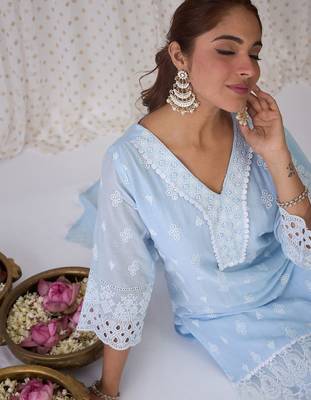 Ethnic Embroidered V-Neck Thread Work Pure Cotton Kurta with Trousers & Dupatta 3
