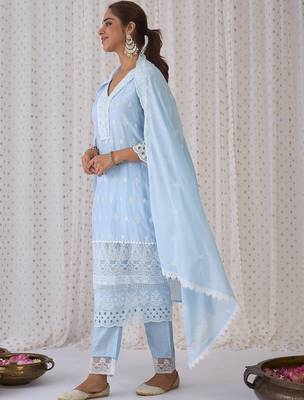 Ethnic Embroidered V-Neck Thread Work Pure Cotton Kurta with Trousers & Dupatta 5