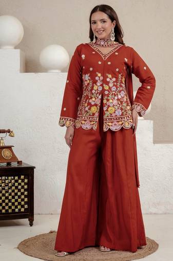 Dark Orange sequin And Embroidery Work Silk Blend Salwar Suit