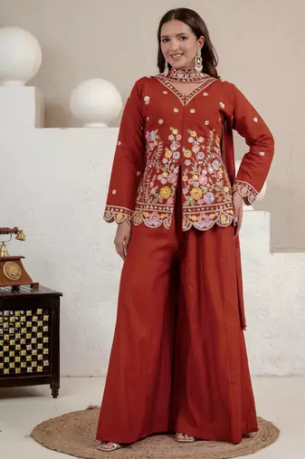 Dark Orange sequin And Embroidery Work Silk Blend Salwar Suit