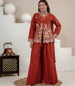 Dark Orange sequin And Embroidery Work Silk Blend Salwar Suit