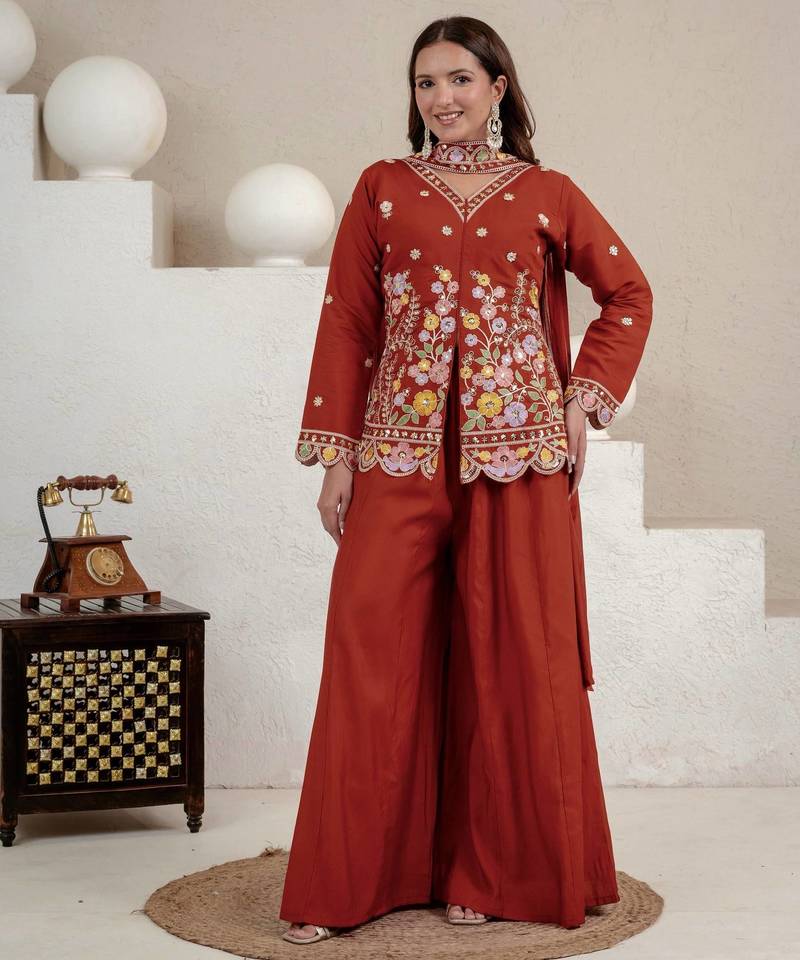 Dark Orange sequin And Embroidery Work Silk Blend Salwar Suit