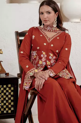Dark Orange sequin And Embroidery Work Silk Blend Salwar Suit