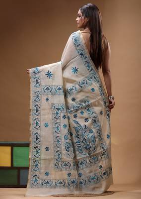 off-white cotton blend saree with blue floral embroidered stitched saree 3