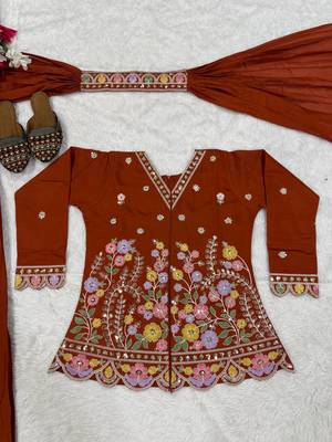 Dark Orange sequin And Embroidery Work Silk Blend Salwar Suit 4