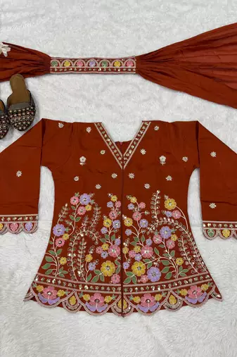 Dark Orange sequin And Embroidery Work Silk Blend Salwar Suit