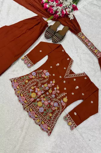 Dark Orange sequin And Embroidery Work Silk Blend Salwar Suit