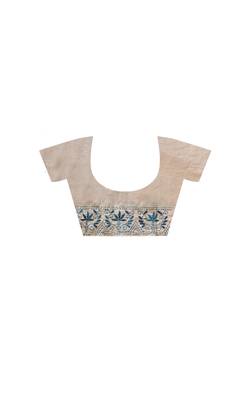 off-white cotton blend saree with blue floral embroidered stitched saree 4