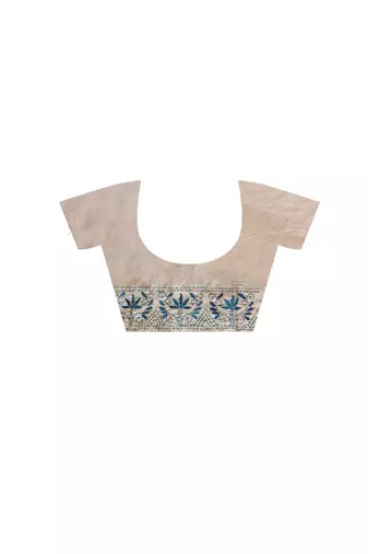 off-white cotton blend saree with blue floral embroidered stitched saree