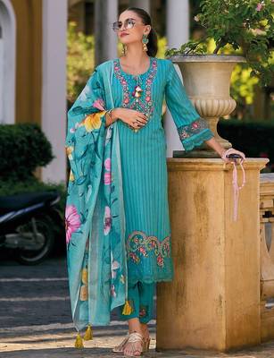floral embroidered  cotton straight kurta with trousers & dupatta 1