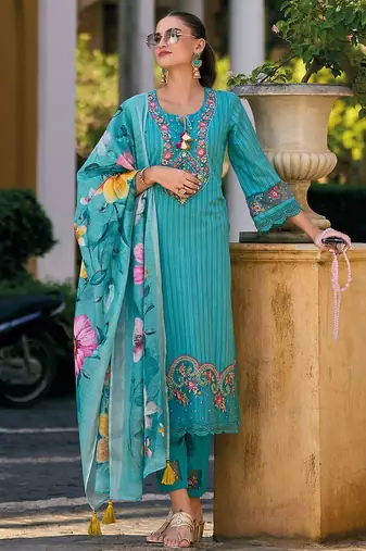 Floral Embroidered Pure Cotton Straight Kurta with Trousers & Dupatta