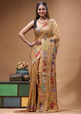 cinnamon brown silk blend stitch saree with multicolor hand-embroidered floral pallu 1