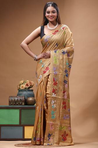 cinnamon brown silk blend stitch saree with multicolor hand-embroidered floral pallu