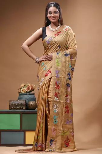 cinnamon brown silk blend stitch saree with multicolor hand-embroidered floral pallu