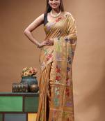 cinnamon brown silk blend stitch saree with multicolor hand-embroidered floral pallu