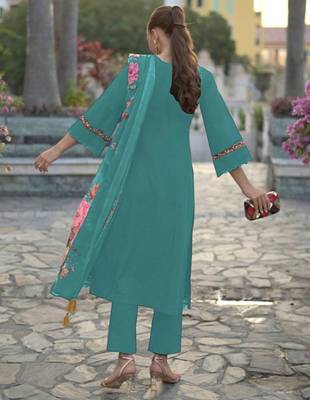 floral embroidered  cotton straight kurta with trousers & dupatta 5