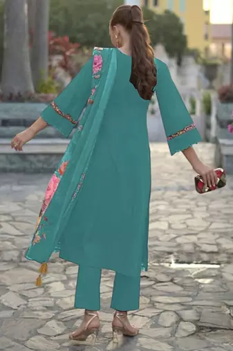 Floral Embroidered Pure Cotton Straight Kurta with Trousers & Dupatta