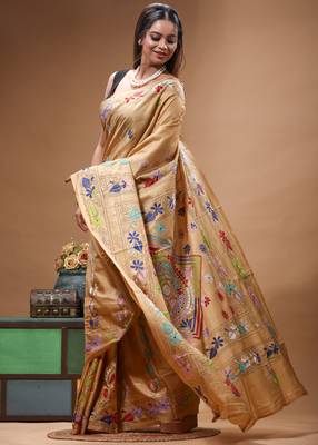 cinnamon brown silk blend stitch saree with multicolor hand-embroidered floral pallu 2