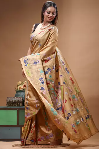cinnamon brown silk blend stitch saree with multicolor hand-embroidered floral pallu