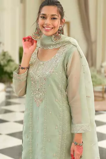 Ethnic Motifs Embroidered Sequinned Kurta With Trousers & Dupatta