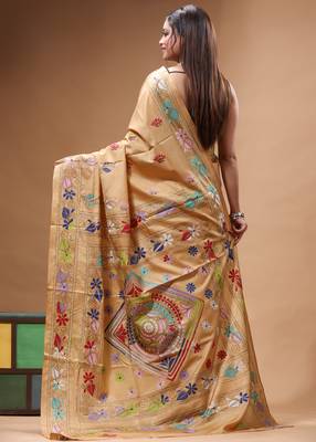 cinnamon brown silk blend stitch saree with multicolor hand-embroidered floral pallu 3